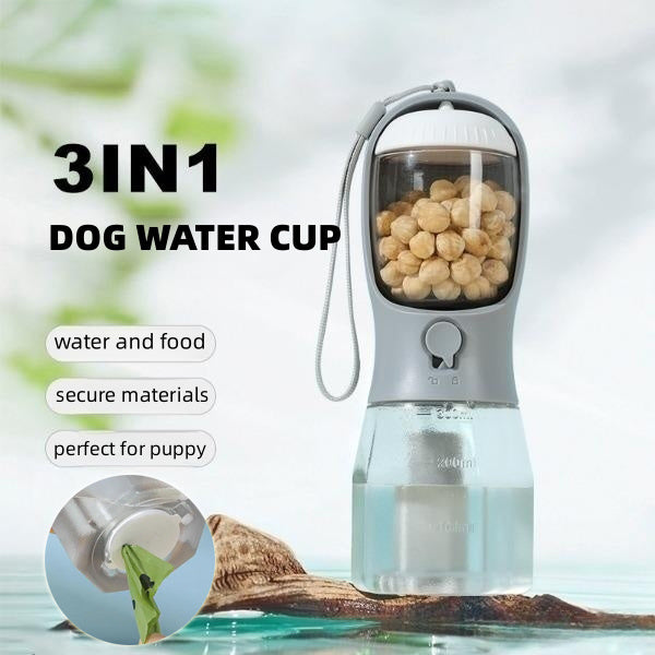 3-in-1 Portable Dog Water Bottle – Travel Pet Bowl with Food & Waste Bag Dispenser, Leak-Proof & Hands-Free