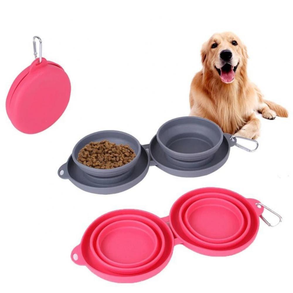 Collapsible Silicone Double Pet Bowl – Foldable Food & Water Feeder for Dogs & Cats | Portable, Non-Slip Travel Bowl