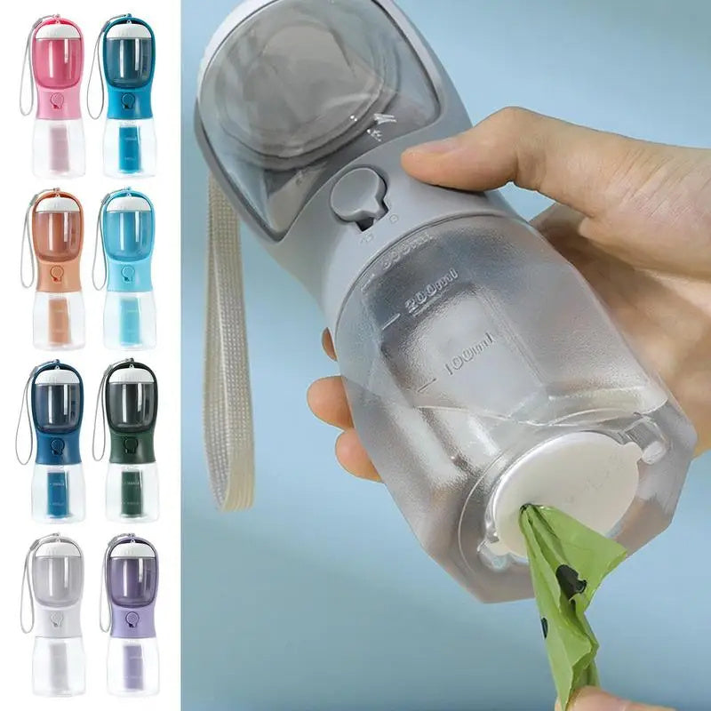 3-in-1 Portable Dog Water Bottle – Travel Pet Bowl with Food & Waste Bag Dispenser, Leak-Proof & Hands-Free