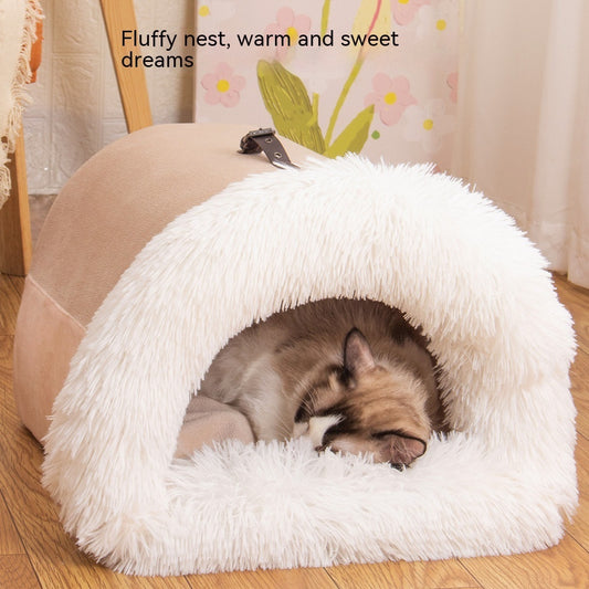 Portable Pet Nest – Warm Autumn & Winter Dog and Cat Bed, Moisture-Proof Long Fur Cat Nest