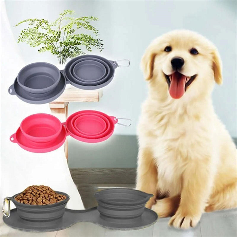 Collapsible Silicone Double Pet Bowl – Foldable Food & Water Feeder for Dogs & Cats | Portable, Non-Slip Travel Bowl