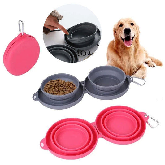 Collapsible Silicone Double Pet Bowl – Foldable Food & Water Feeder for Dogs & Cats | Portable, Non-Slip Travel Bowl