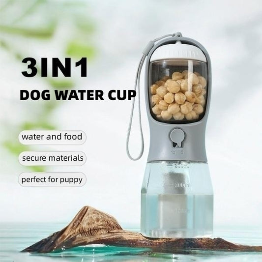 3-in-1 Portable Dog Water Bottle – Travel Pet Bowl with Food & Waste Bag Dispenser, Leak-Proof & Hands-Free