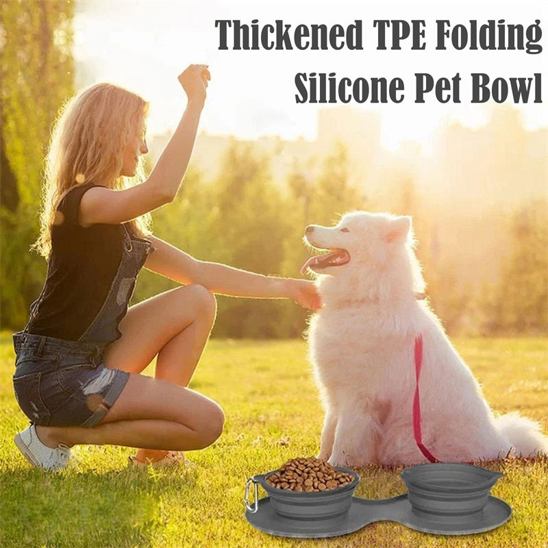 Collapsible Silicone Double Pet Bowl – Foldable Food & Water Feeder for Dogs & Cats | Portable, Non-Slip Travel Bowl